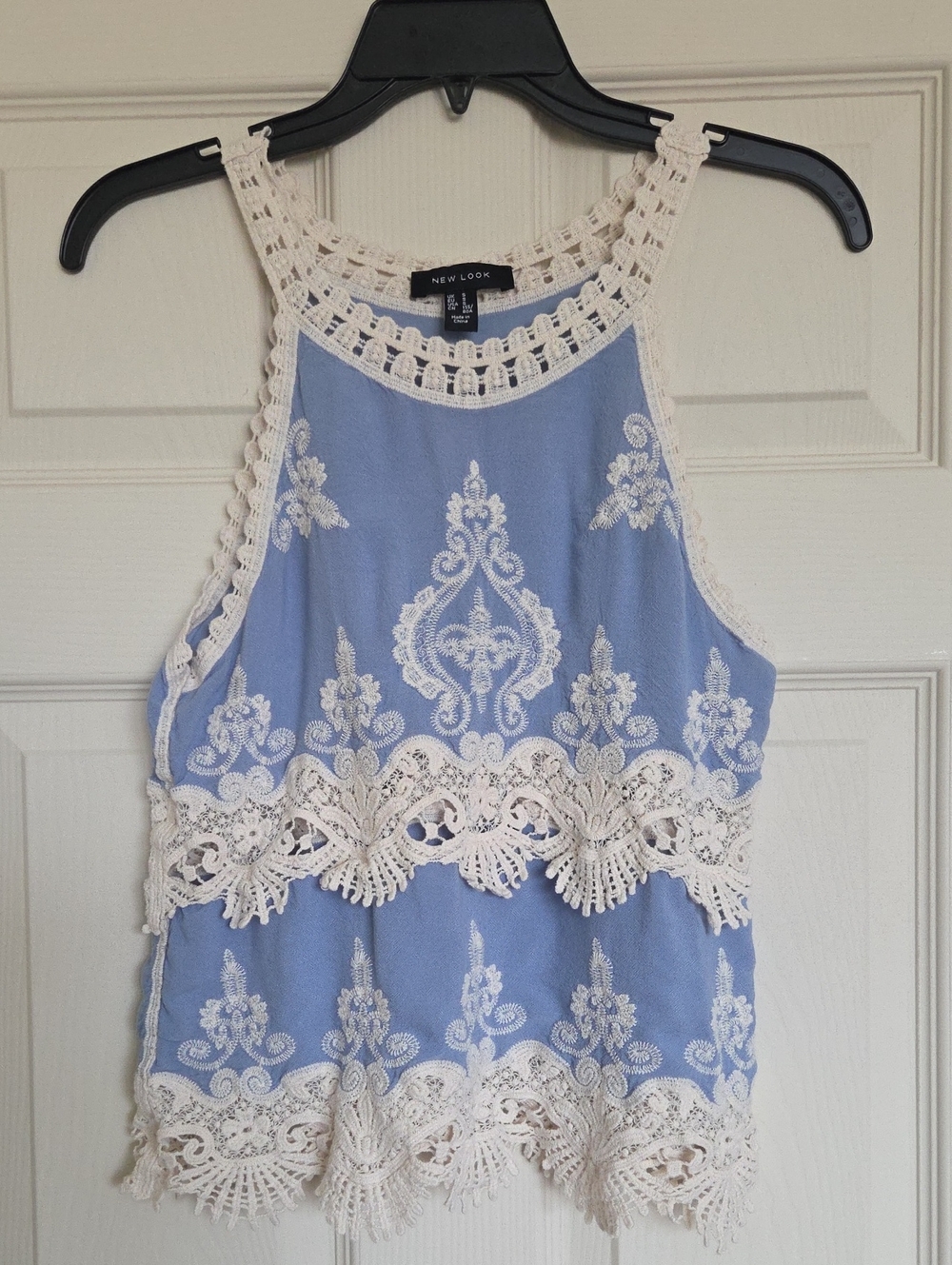 New Look Blue Halter Camisole with Cream Crochet Trim